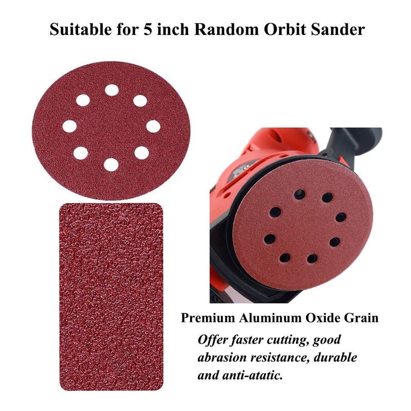 Aiyard 5-Inch 8-Hole Hook and Loop Sanding Discs, 40/80/120/180/240/320/400 Assorted Grits Sandpaper for Random Orbit Sander, 105-Pack - Image 2